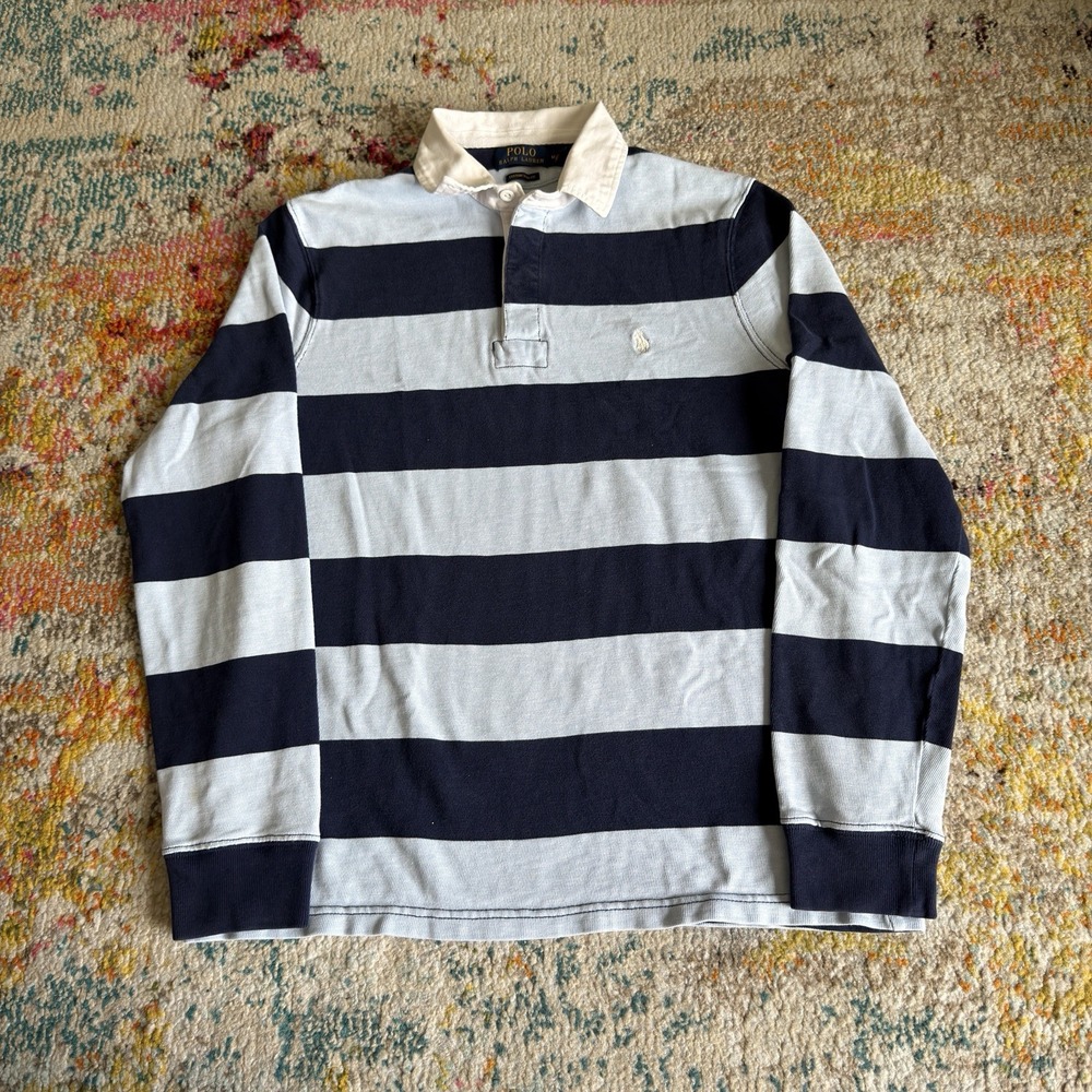 Polo Ralph Lauren Striped Long Sleeve Rugby Shirt Light Blue Navy M Custom fit